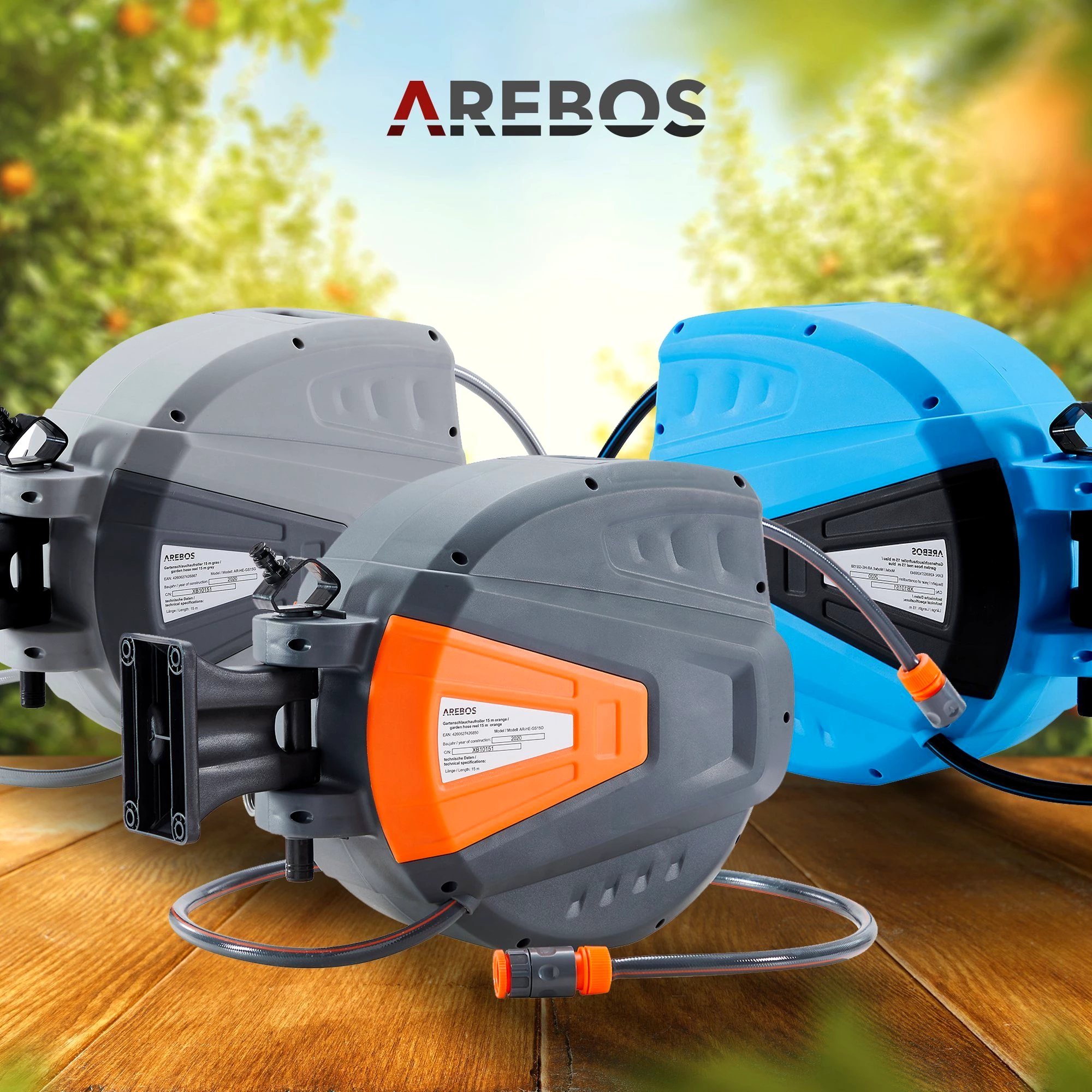 Arebos Schlauchaufroller 15 m - 20 m - 30 m, schwenkbare, Wand-Schlauchbox mit Arretierstop