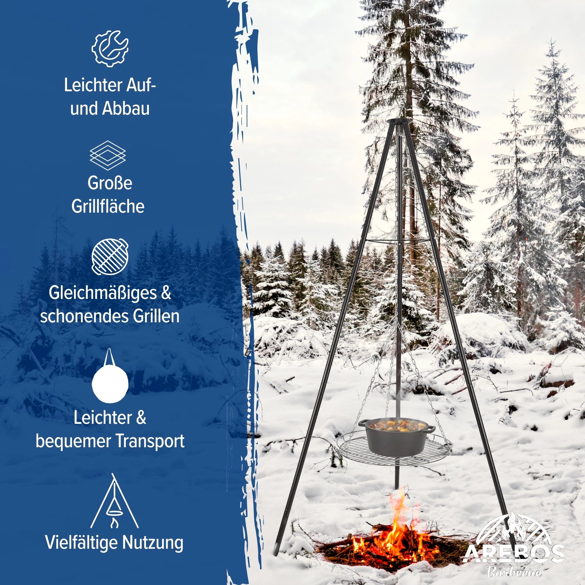 Arebos Holzkohlegrill BBQ Schwenkgrill mit Grillrost und Feuerschale Holzkohlegrill Dreibein, Set