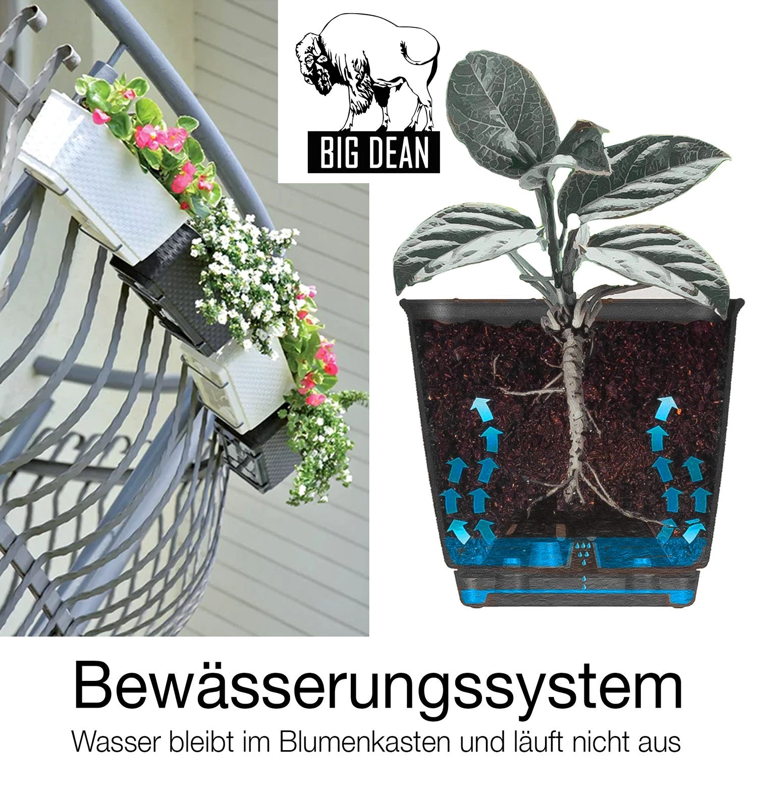 BigDean Blumenkasten 6x Bewässerungssystem + Halterung Rattan-Optik Anthrazit 39x15,5x14cm (6 St)