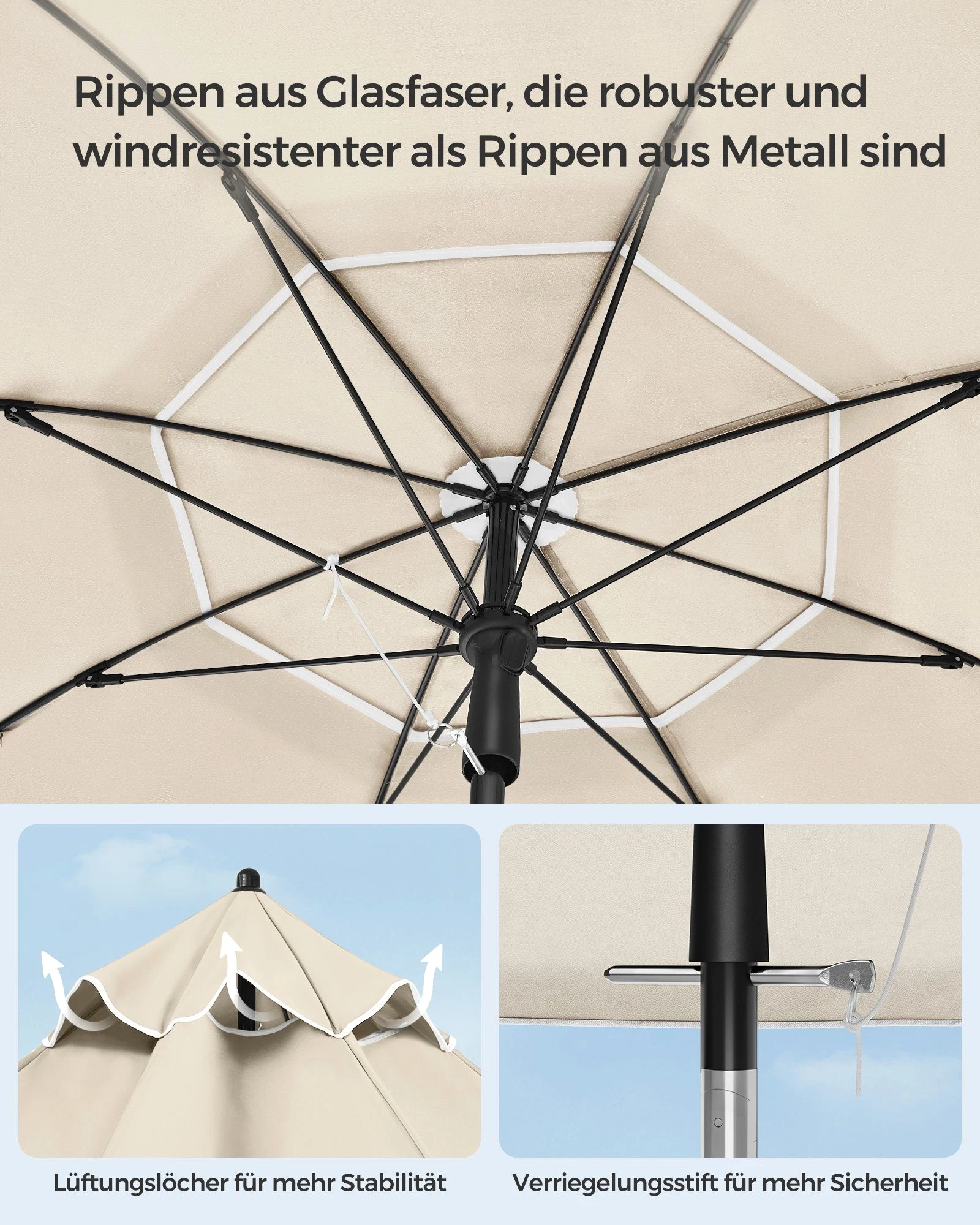 SONGMICS Sonnenschirm, ∅200cm, UPF 50+, mit Tragetasche, ohne Ständer