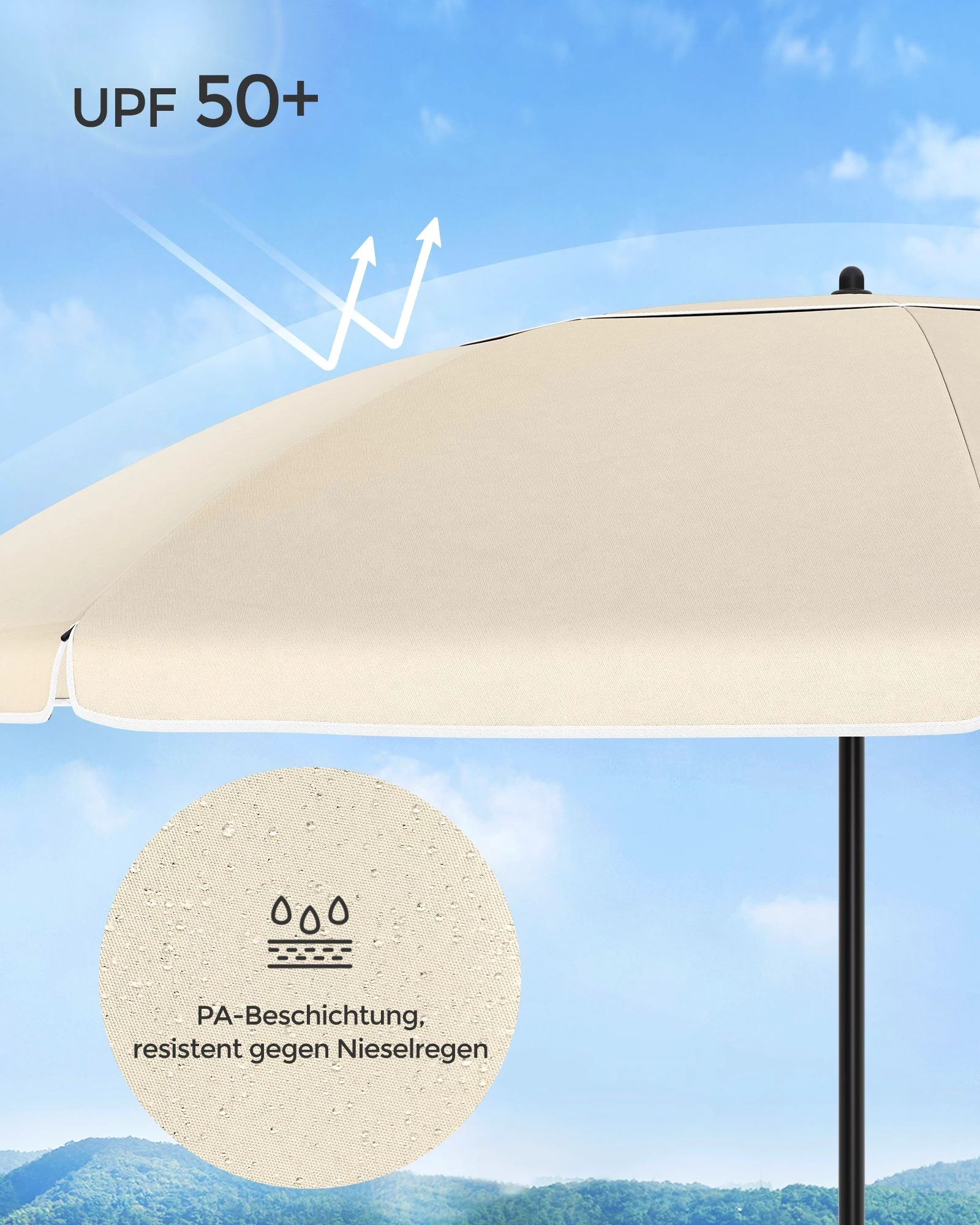 SONGMICS Sonnenschirm, ∅200cm, UPF 50+, mit Tragetasche, ohne Ständer