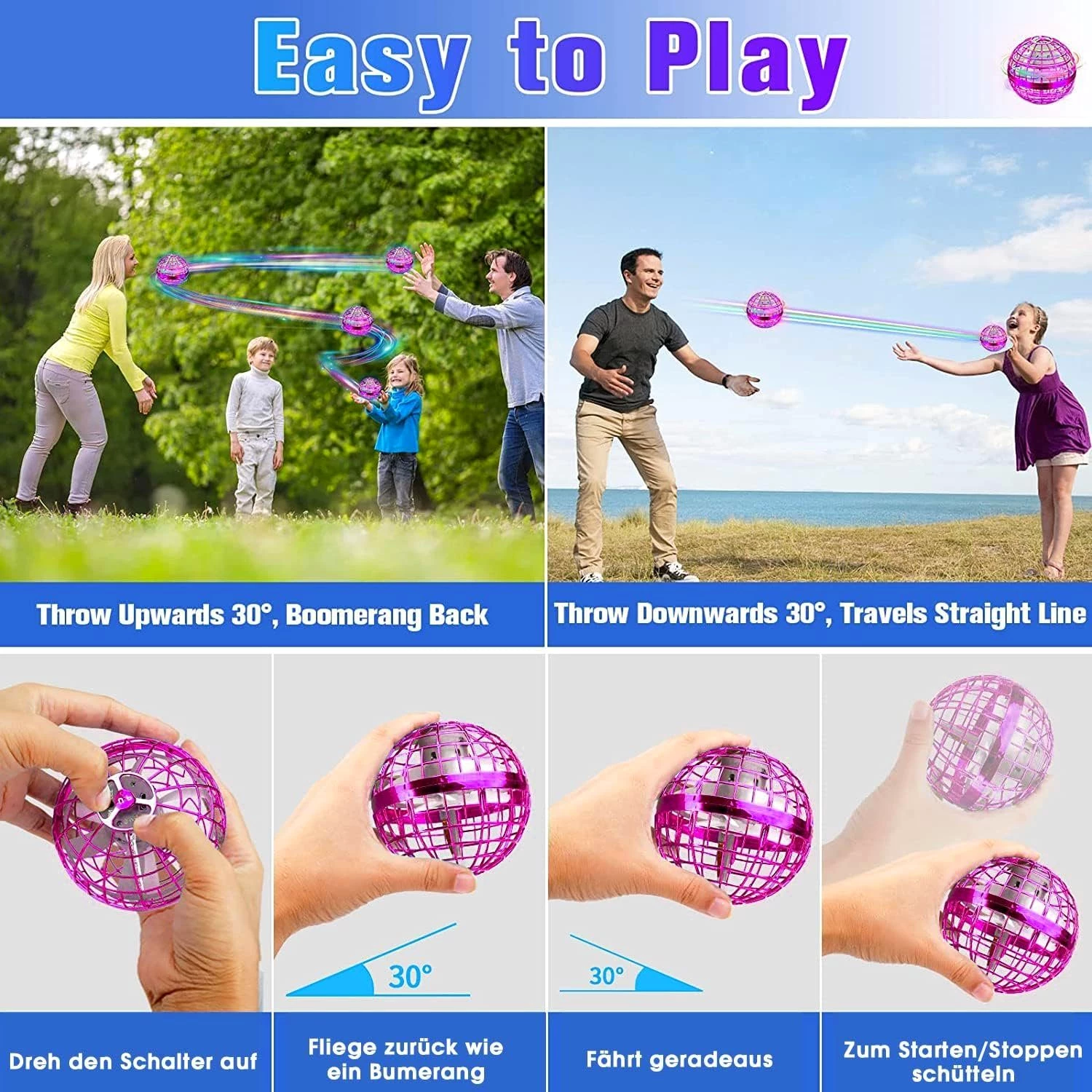 DTC GmbH Spielball Magic Spinner Ball RGB Licht Hover Fliegender Ball, Fliegender Ball für Kinder