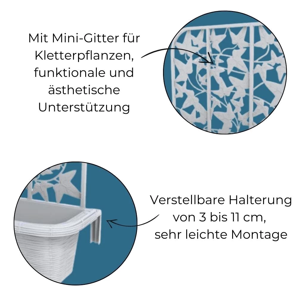 GarPet Blumenkasten 2x Balkonkasten mit Spalier Blumen Kasten 60 Rattan Halterung Weiß