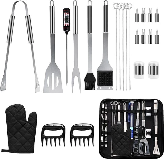 Daskoo Grillbesteck-Set Grillzubehör, 25-teiliges Grillwerkzeug-Set mit Thermometer, Edelstahl