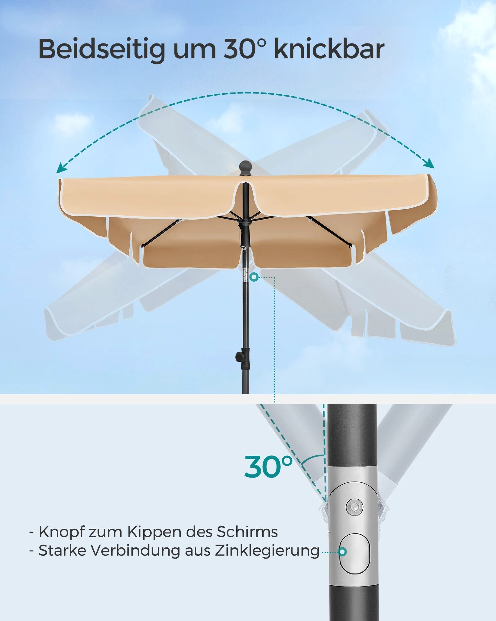 SONGMICS Sonnenschirm, LxB: 180,00x125,00 cm, Balkonschirm, UPF 50+, Aufbewahrungstasche