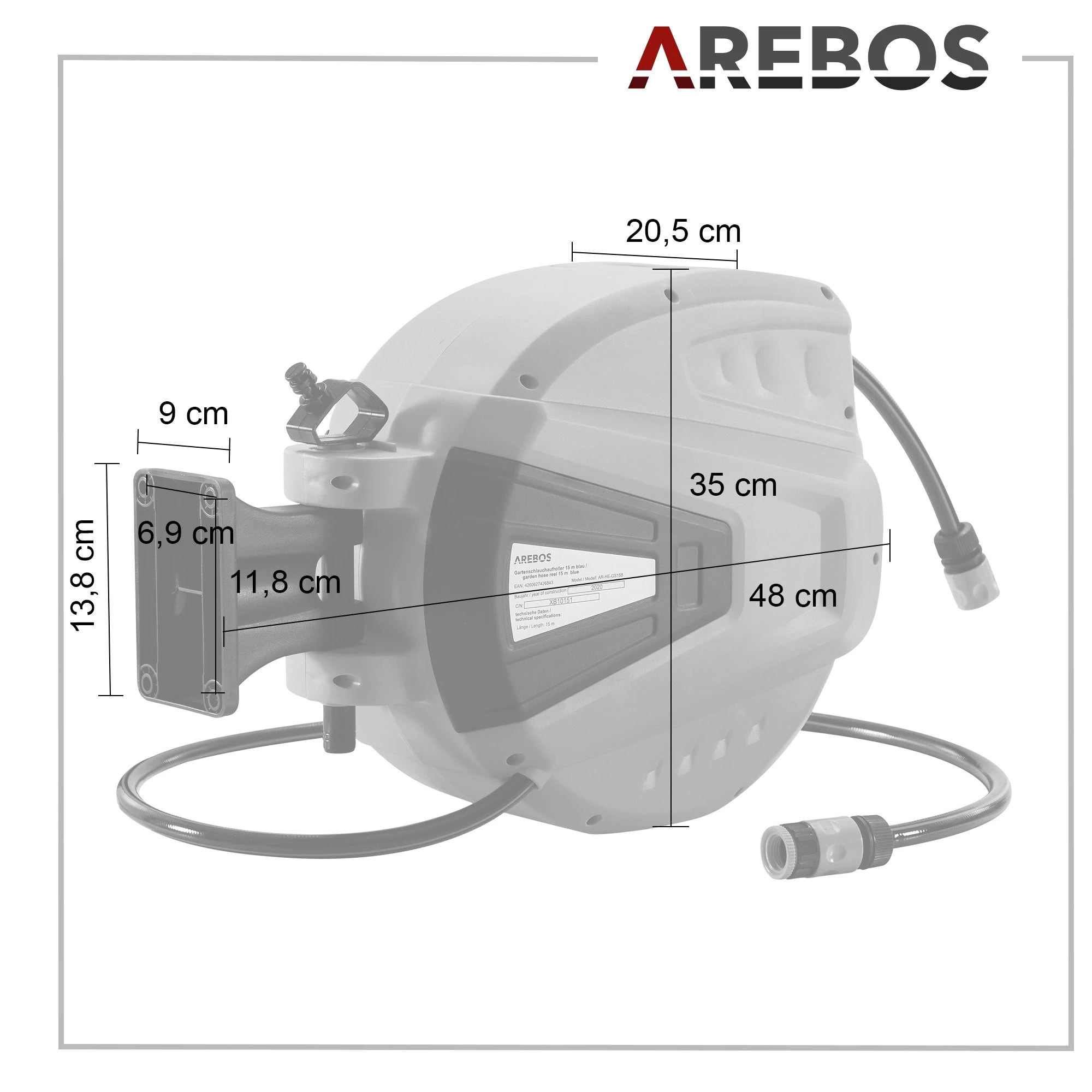 Arebos Schlauchaufroller 15 m - 20 m - 30 m, schwenkbare, Wand-Schlauchbox mit Arretierstop