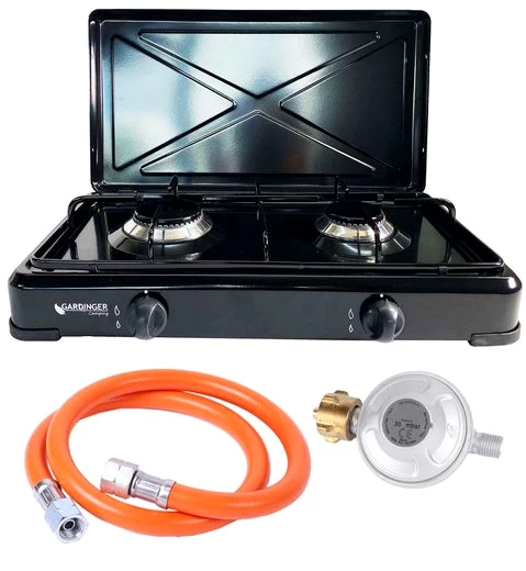 GARDINGER Camping-Gasgrill Duo Campingkocher schwarz zweiflammig mit Deckel, Schlauch, Regler