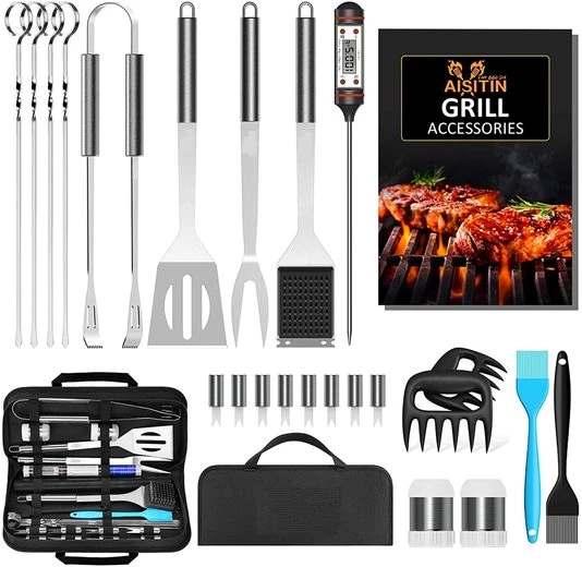 Vicbuy Grillbesteck-Set, (Set, 25 tlg), BBQ Tool Edelstahl Grillkoffer&Matte