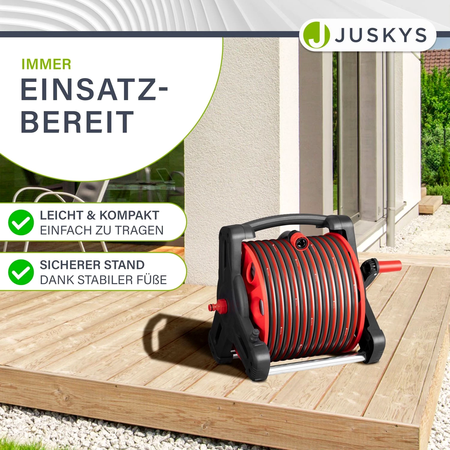 Juskys Schlauchtrommel Basic, 30 m, Multifunktionsbrause, 10 Funktionen, diverse Adapter