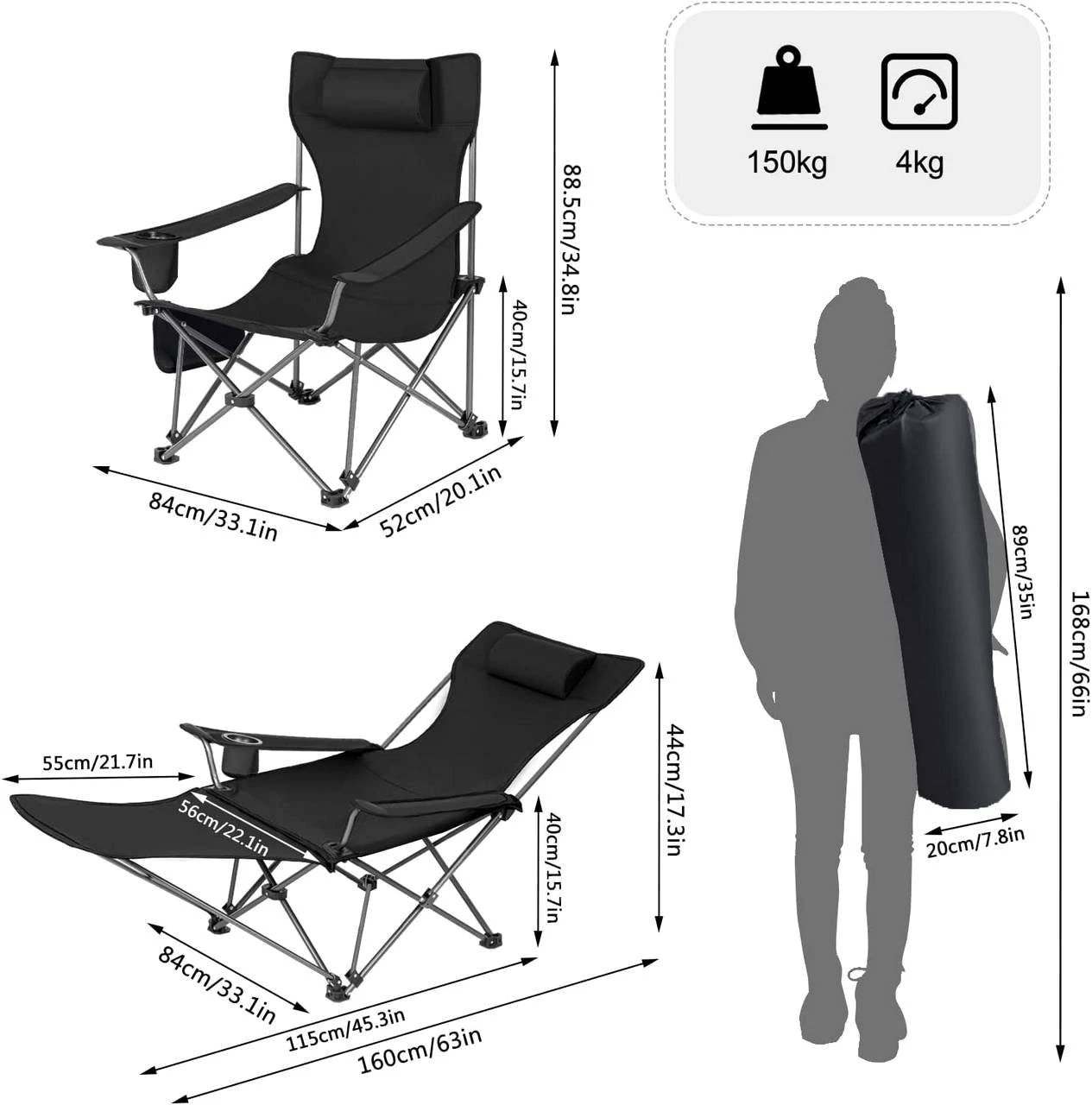 Woltu Campingstuhl (1 St), klappbar für Outdoor mit Armlehnen Getränkehalter