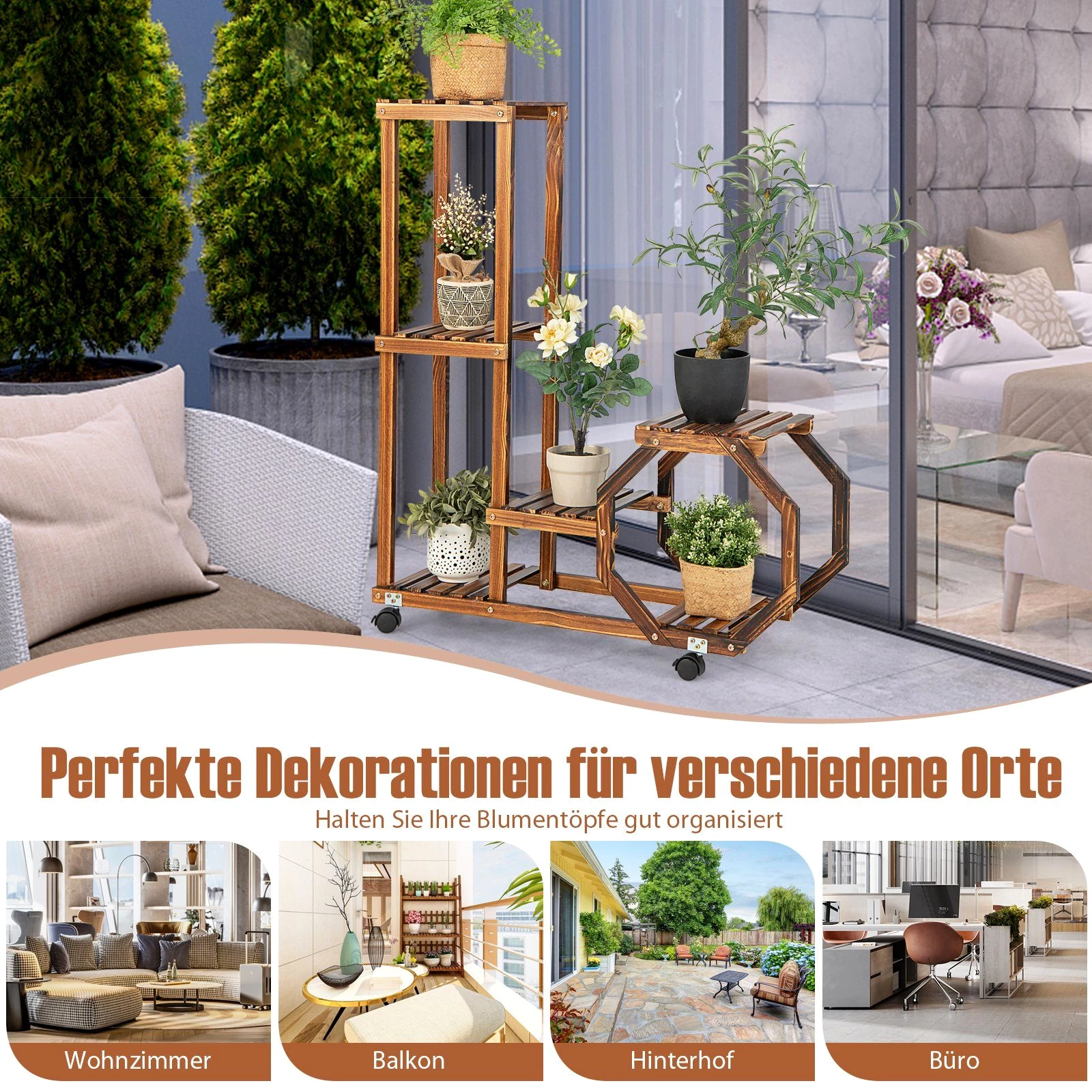 COSTWAY Blumenständer, Holzregal auf Rollen, mehrstöckig, 87,5x29x102,5cm