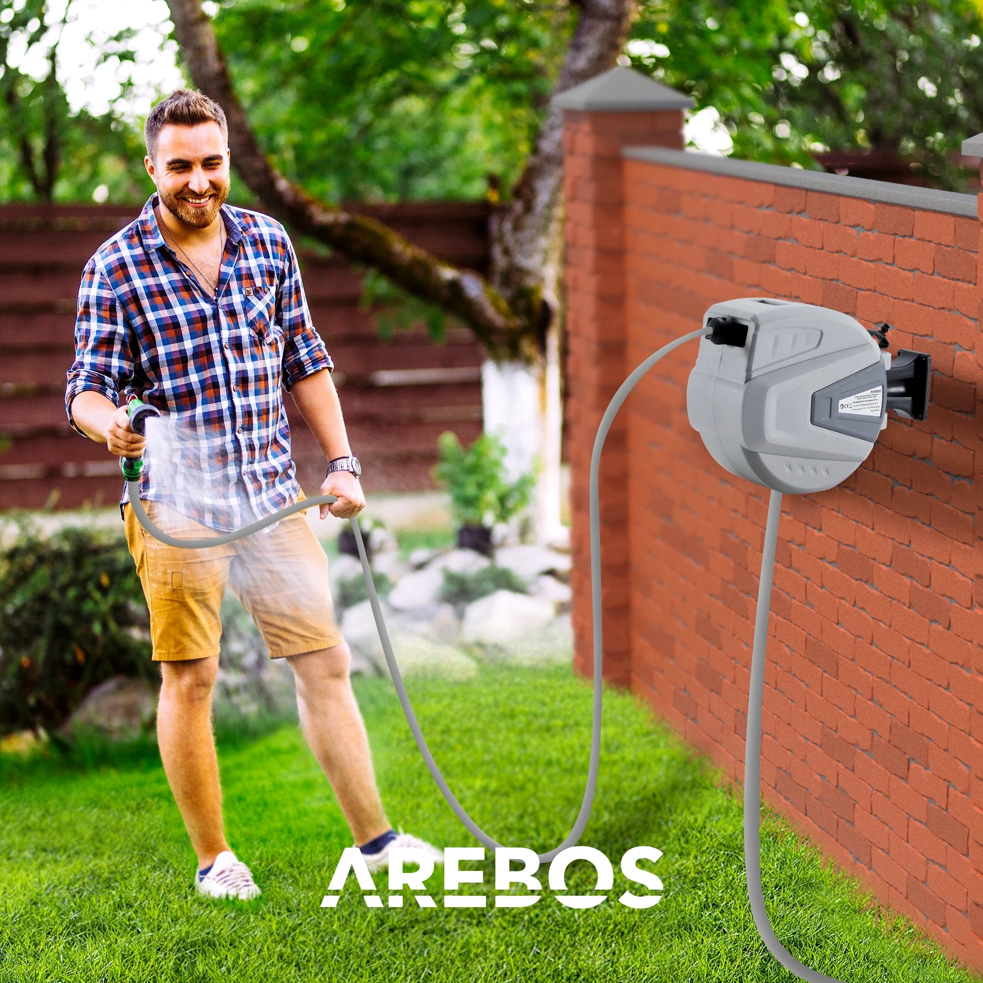 Arebos Schlauchaufroller 15 m - 20 m - 30 m, schwenkbare, Wand-Schlauchbox mit Arretierstop