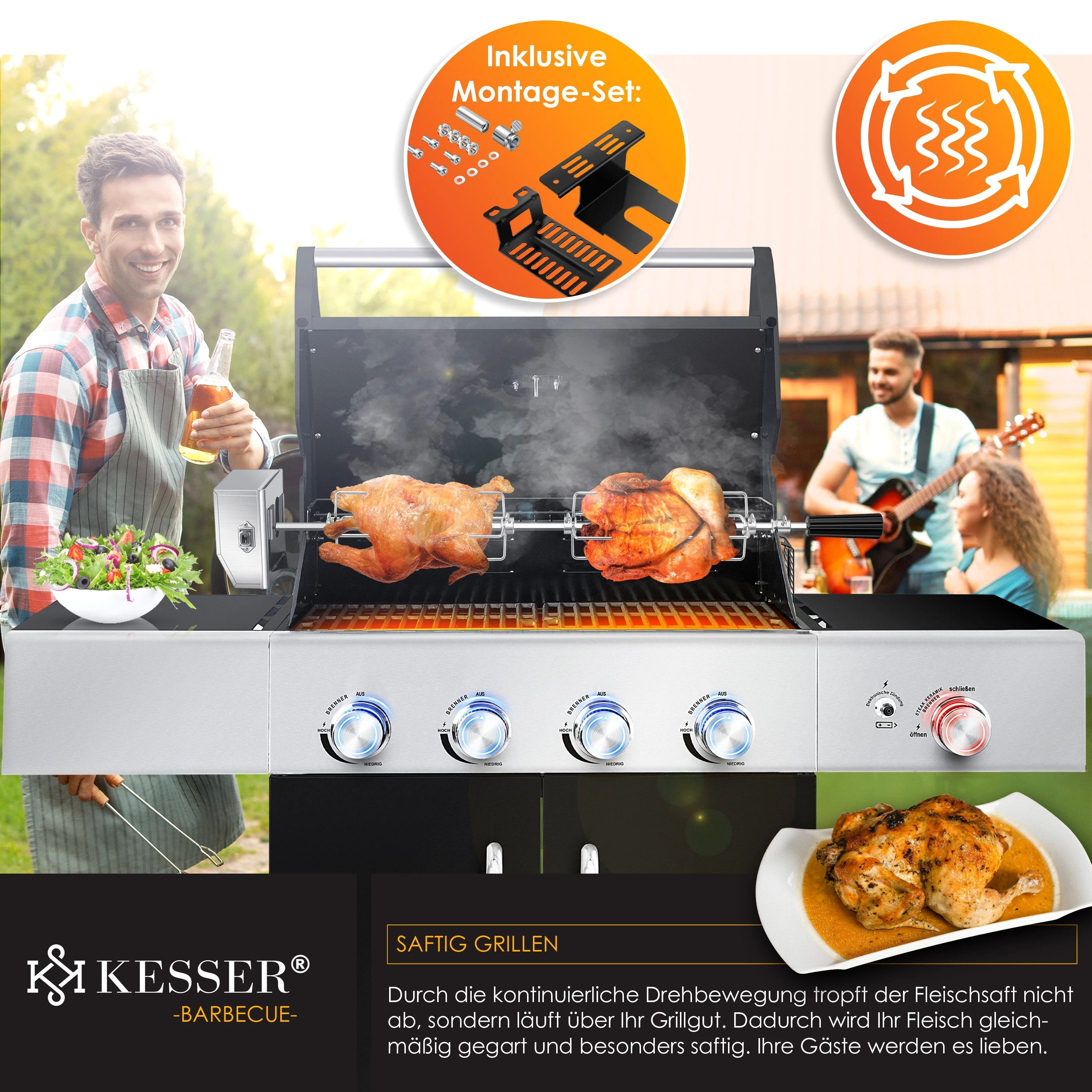 KESSER Grillspieß, Edelstahl Spieß Set 107cm passend für Weber Spirit Gasgrill