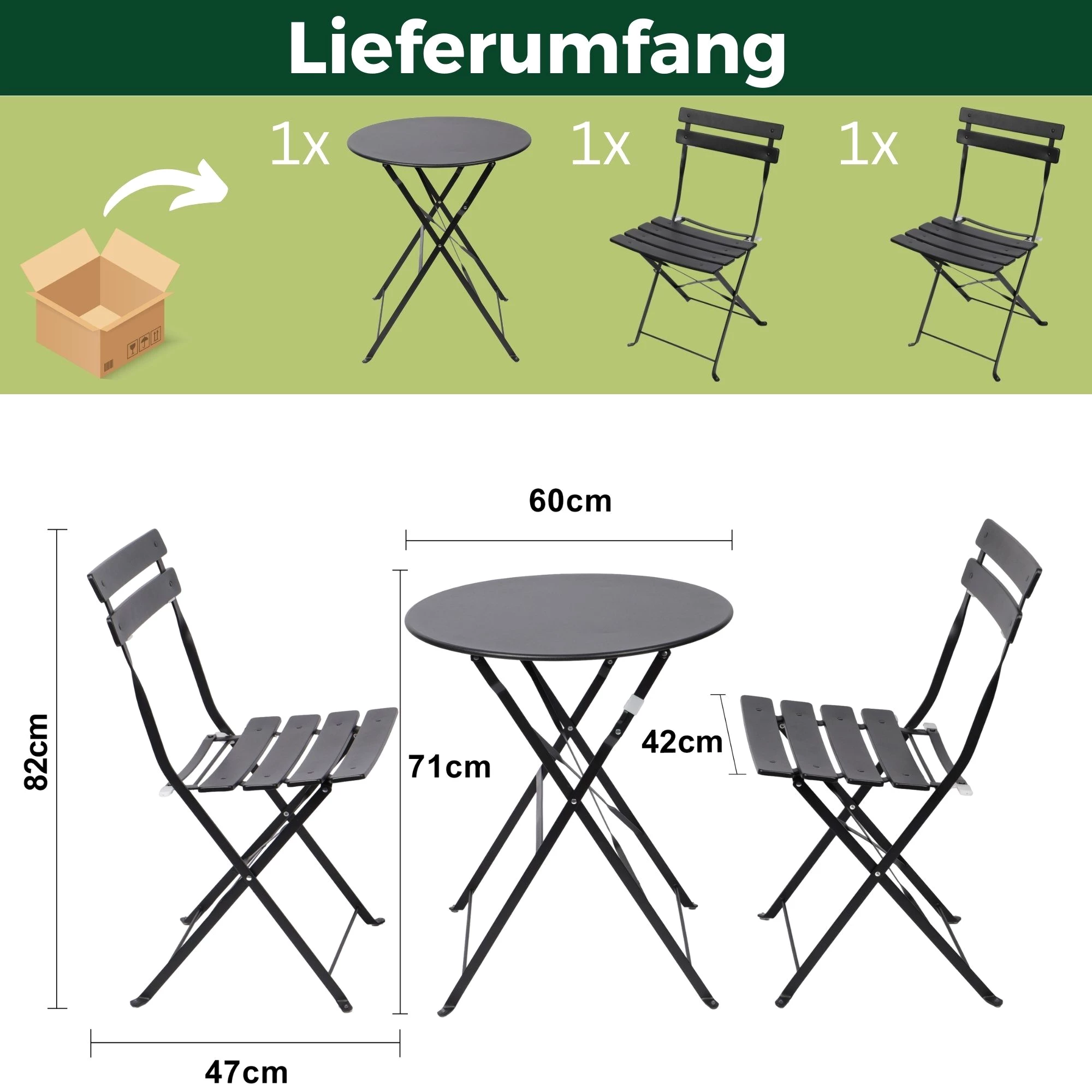 Albatros International Balkonset Albatros Bistroset 3-teilig Schwarz – Bistrotisch mit 2 Stühlen
