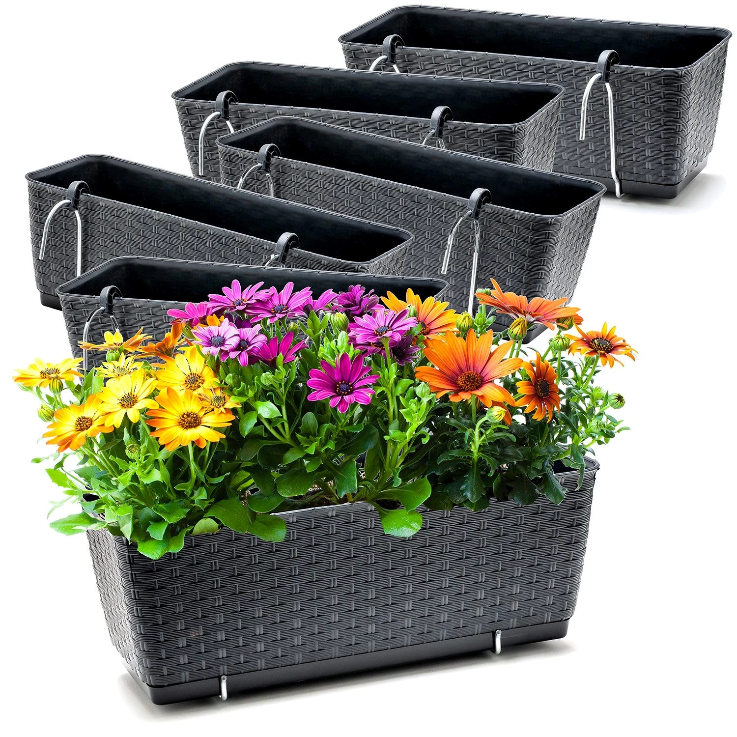 BigDean Blumenkasten 6x Bewässerungssystem + Halterung Rattan-Optik Anthrazit 39x15,5x14cm (6 St)