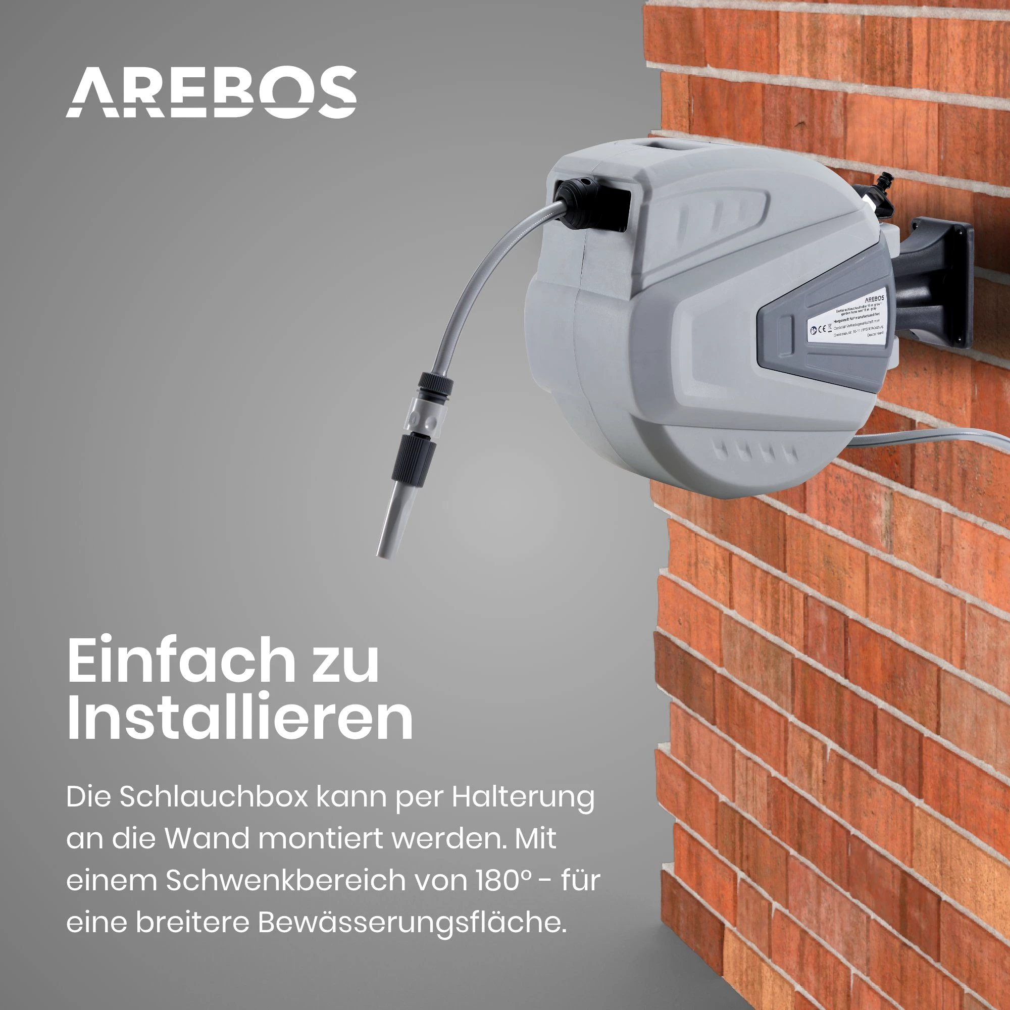 Arebos Schlauchaufroller 15 m - 20 m - 30 m, schwenkbare, Wand-Schlauchbox mit Arretierstop