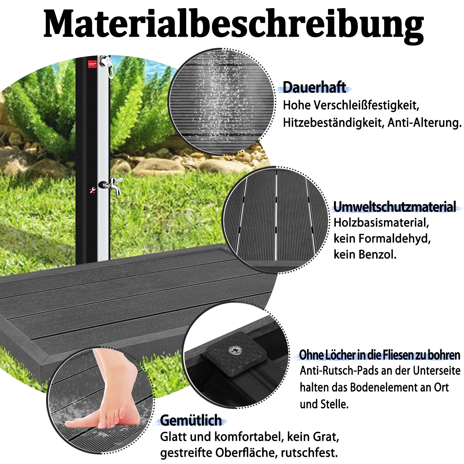 AUFUN Solardusche Bodenelement Bodenplatte WPC Anti Rutsch, für Gartendusche, Anthrazit