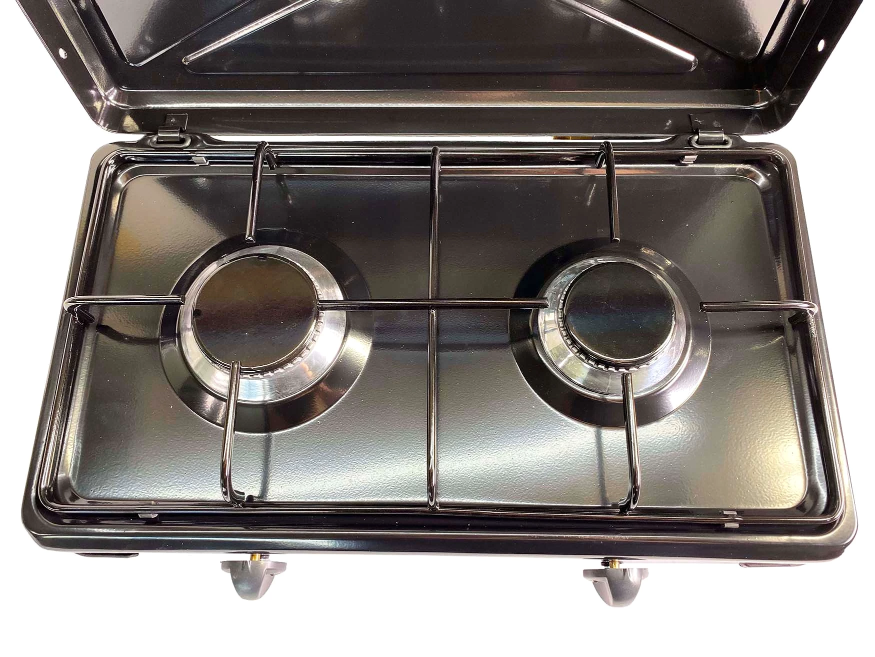 GARDINGER Camping-Gasgrill Duo Campingkocher schwarz zweiflammig mit Deckel, Schlauch, Regler