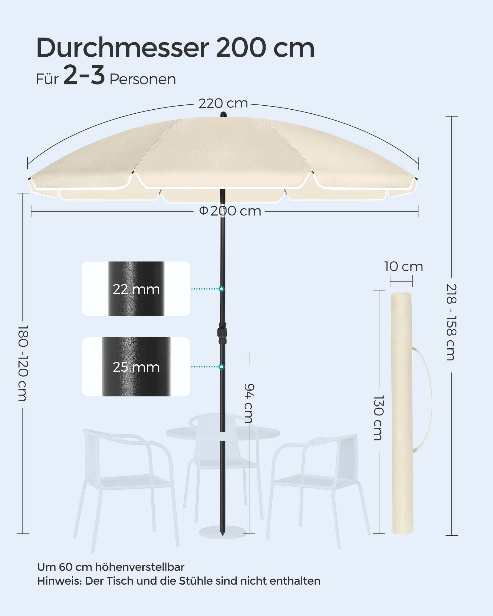 SONGMICS Sonnenschirm, ∅200cm, UPF 50+, mit Tragetasche, ohne Ständer