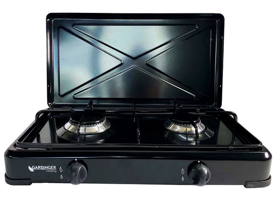 GARDINGER Camping-Gasgrill Duo Campingkocher schwarz zweiflammig mit Deckel, Schlauch, Regler
