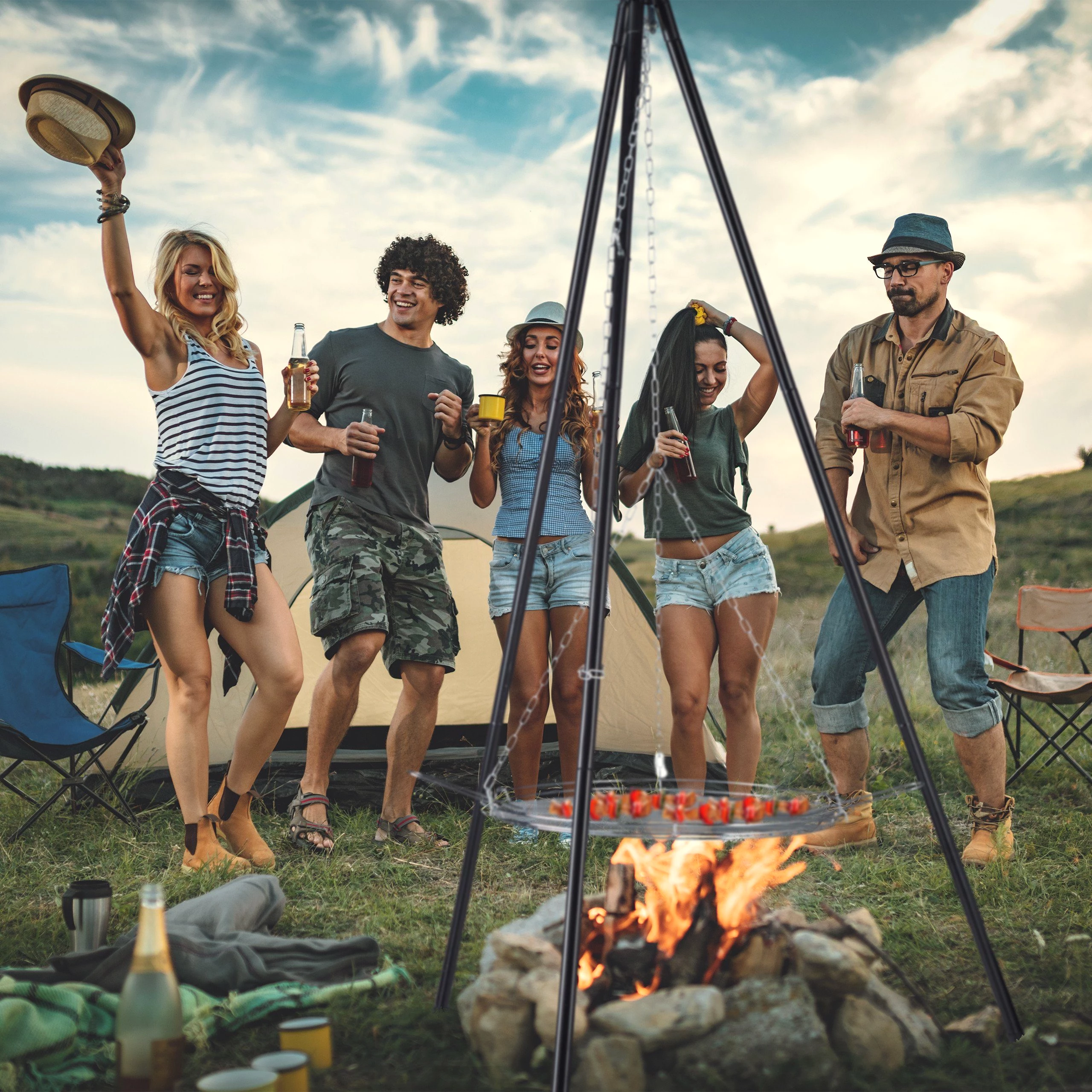 relaxdays Holzkohlegrill Schwenkgrill Dreibein mit Grillrost