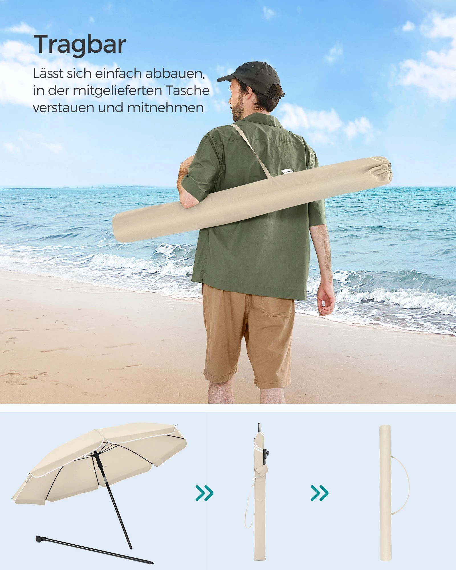 SONGMICS Sonnenschirm, ∅200cm, UPF 50+, mit Tragetasche, ohne Ständer