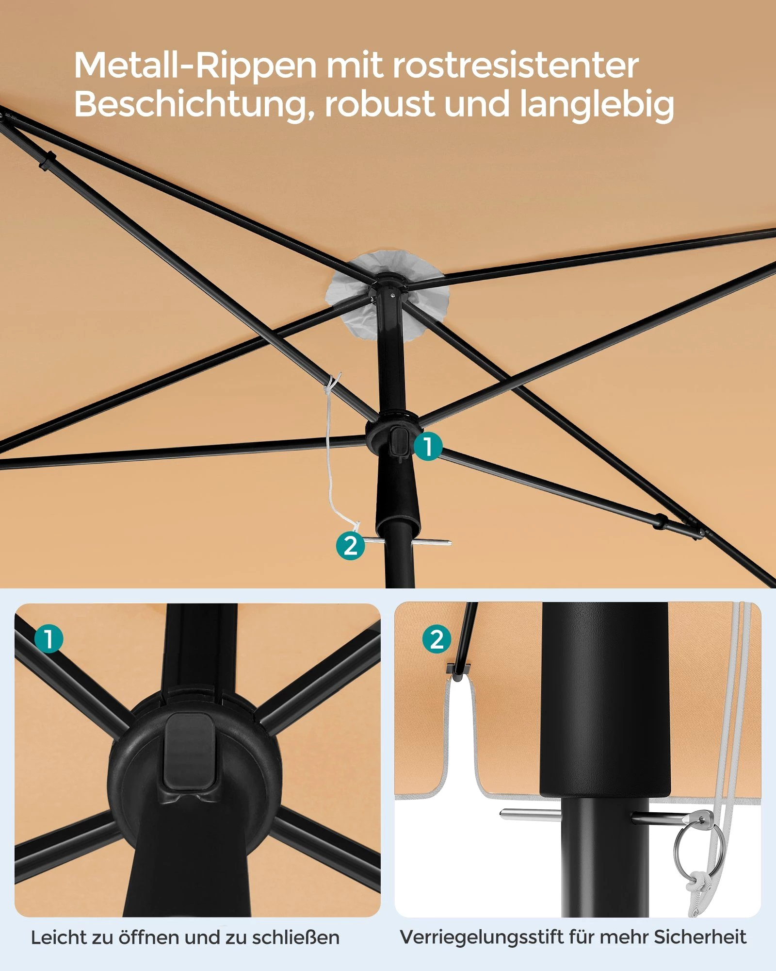 SONGMICS Sonnenschirm, LxB: 180,00x125,00 cm, Balkonschirm, UPF 50+, Aufbewahrungstasche