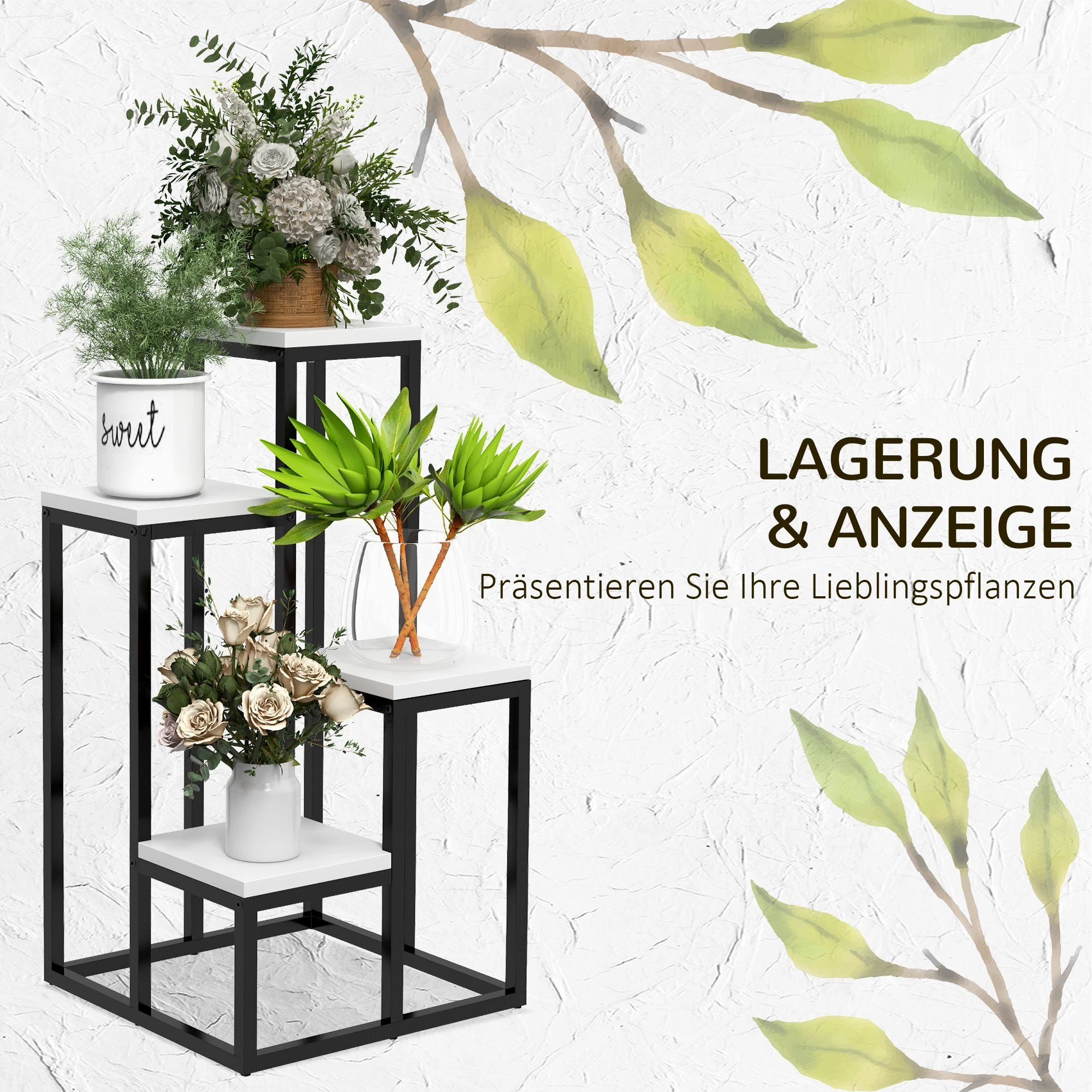 Outsunny Pflanzentreppe Pflanzenständer Stahl, Blumenregal mit 4 Ebenen , für Garten, Balkon
