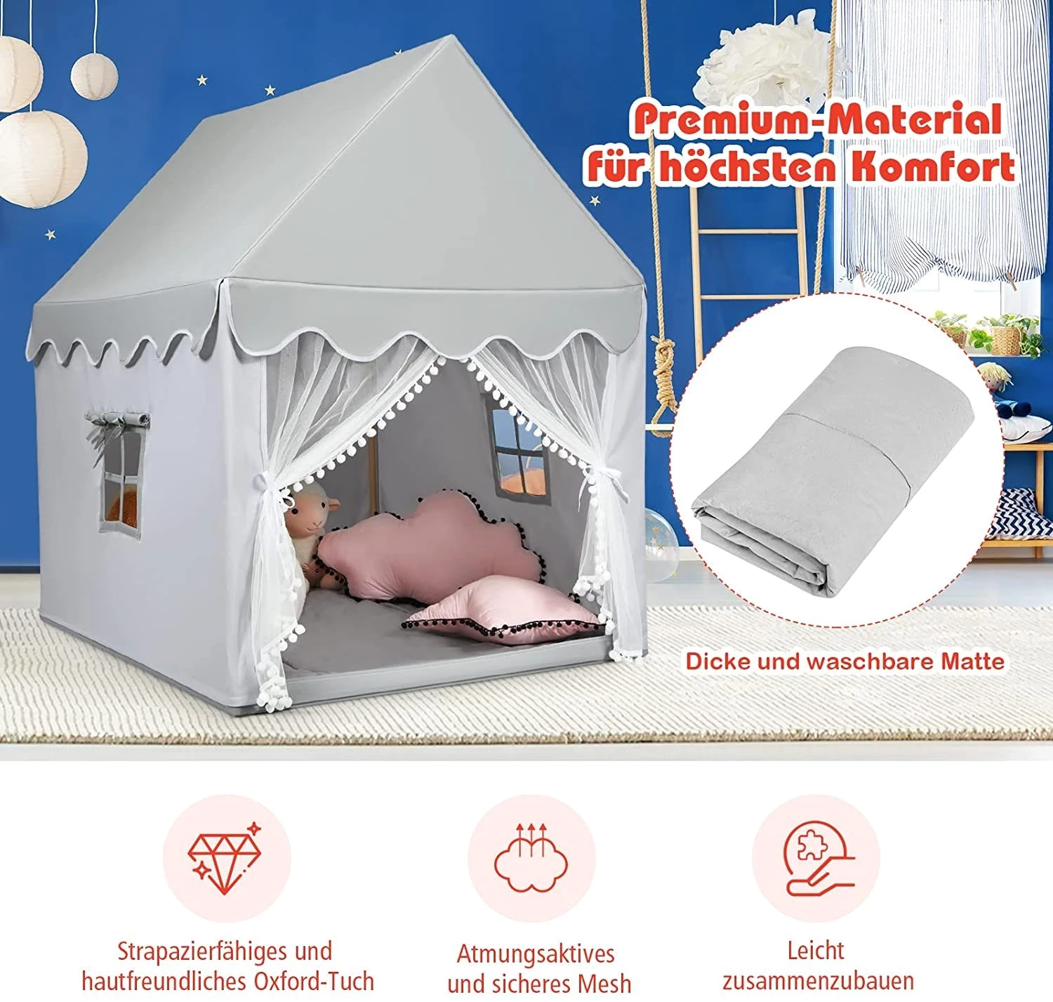 COSTWAY Spielzelt Kinder, mit Baumwolldecke, Fenster 120x105x140cm