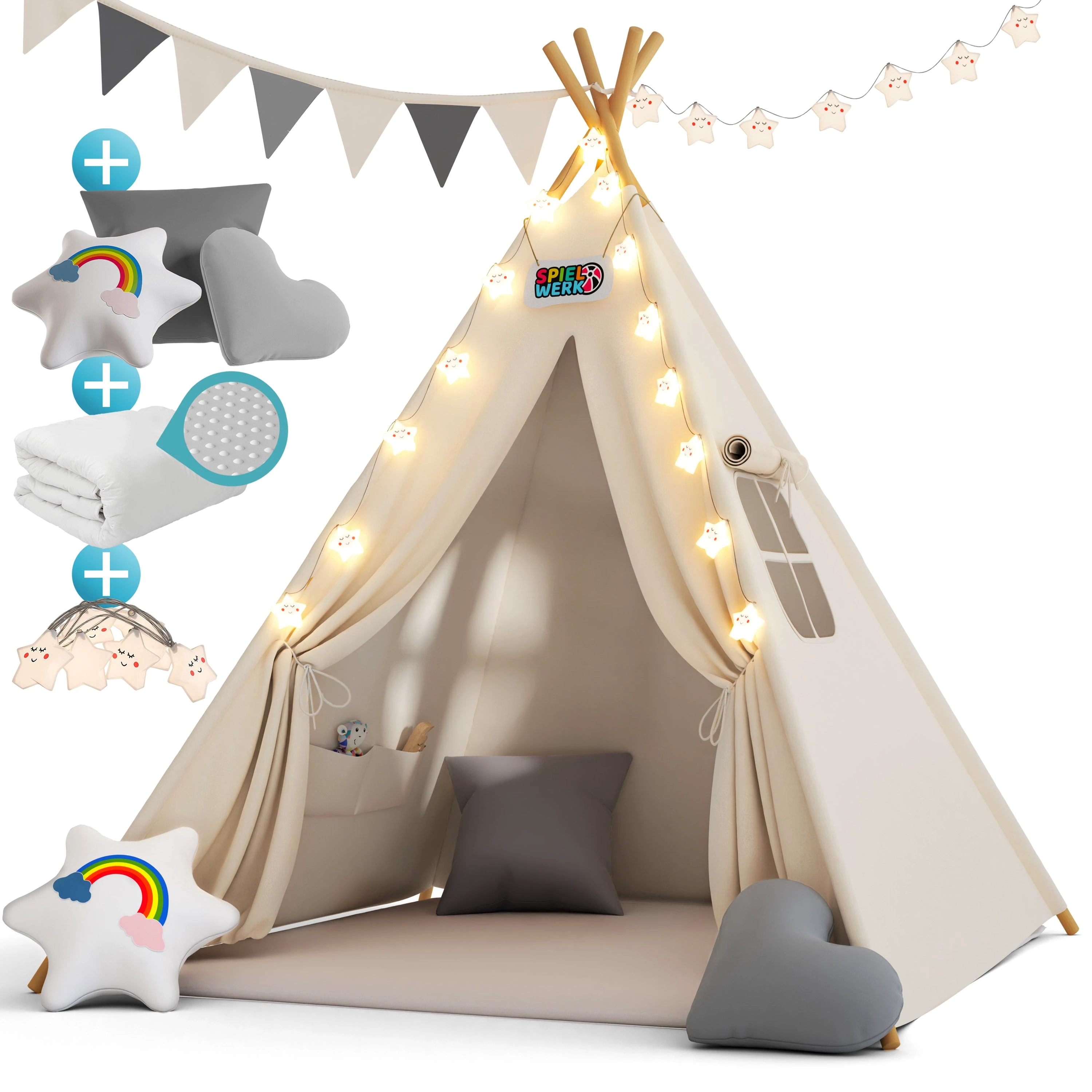 Spielwerk Spielzelt 2,5 cm Bodenmatte Lichterkette Baumwolle 3 Kissen Kinder Tipi