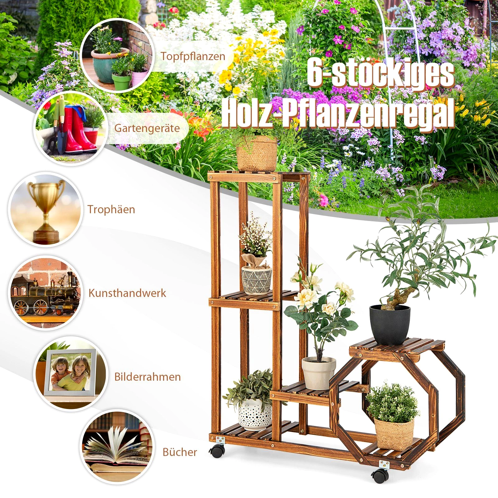 COSTWAY Blumenständer, Holzregal auf Rollen, mehrstöckig, 87,5x29x102,5cm