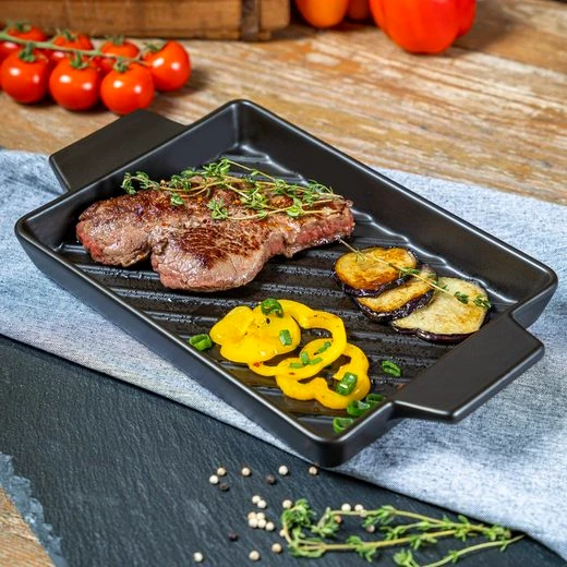 bremermann Grillplatte Grillpfanne Steingut, Grillschale flach für BBQ, rechteckig schwarz