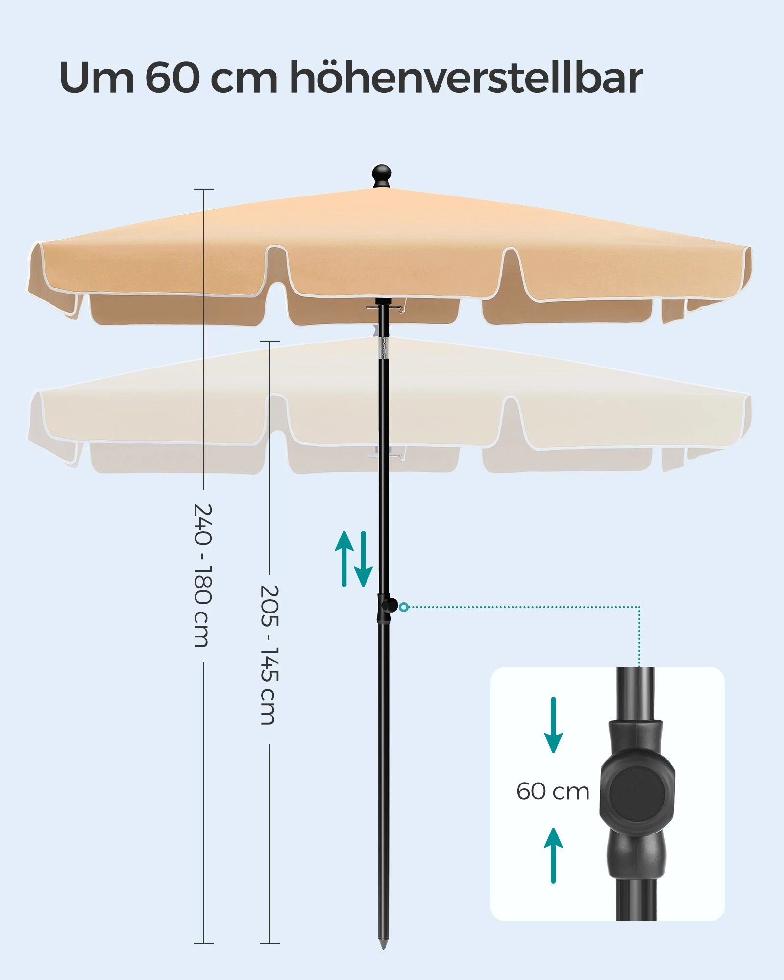 SONGMICS Sonnenschirm, LxB: 180,00x125,00 cm, Balkonschirm, UPF 50+, Aufbewahrungstasche