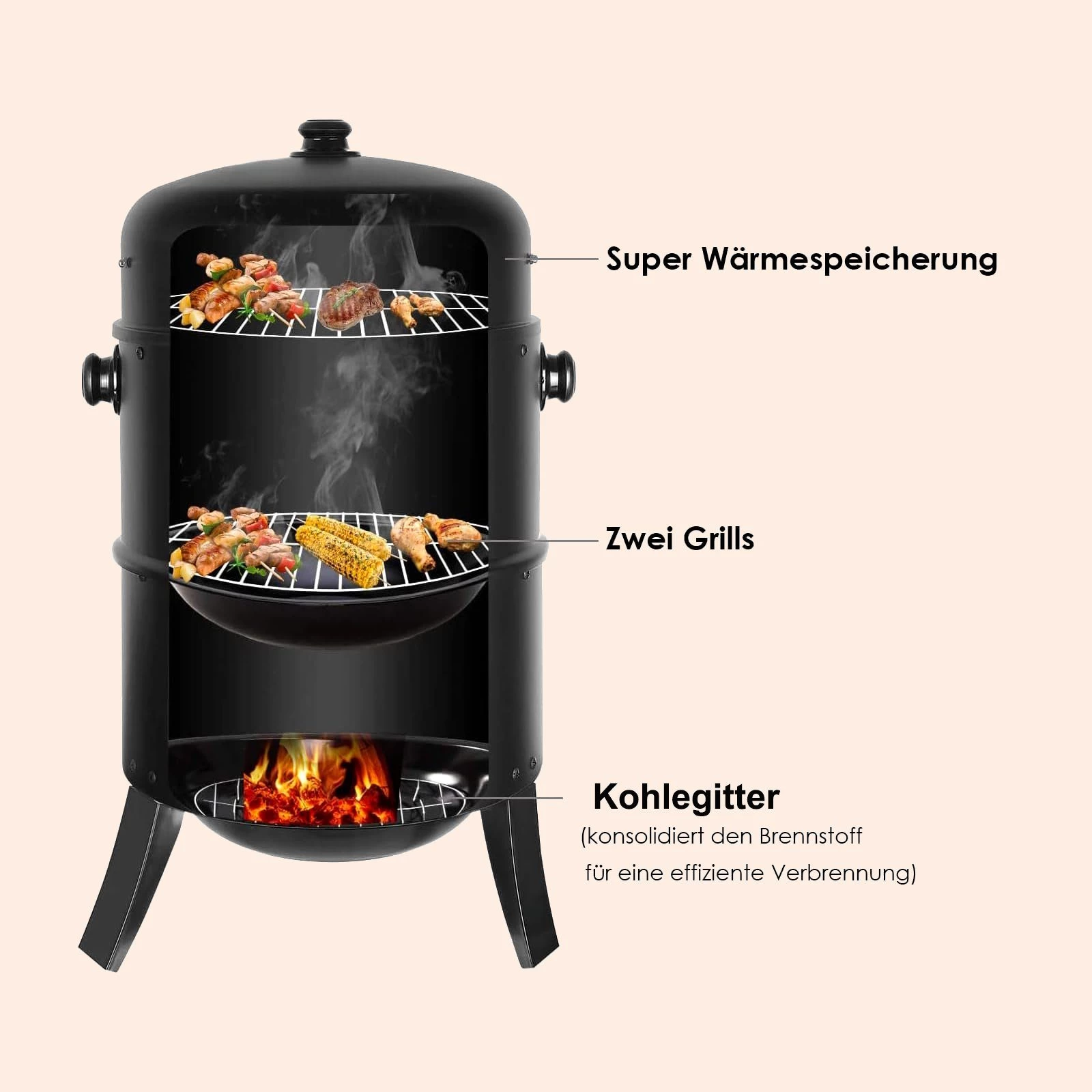 TLGREEN Smoker, Räucherofen, Räuchertonne, Ø44,5x80 cm, 3-in-1 Holzkohlegrill