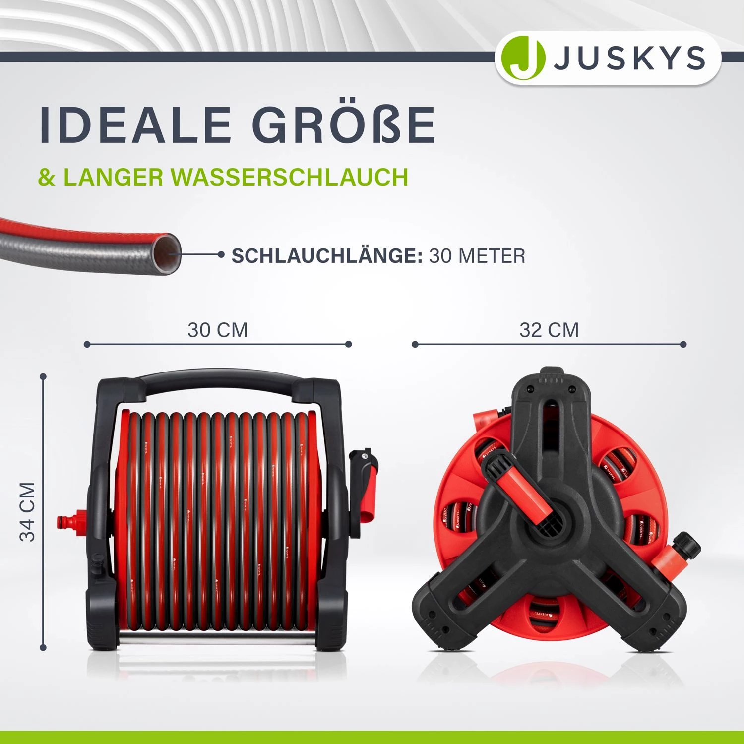 Juskys Schlauchtrommel Basic, 30 m, Multifunktionsbrause, 10 Funktionen, diverse Adapter