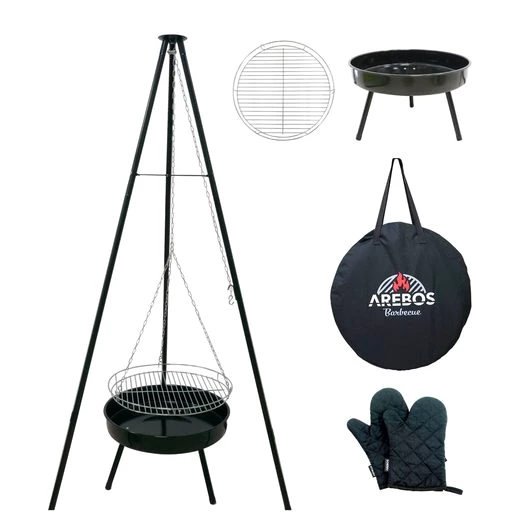 Arebos Holzkohlegrill BBQ Schwenkgrill mit Grillrost und Feuerschale Holzkohlegrill Dreibein, Set