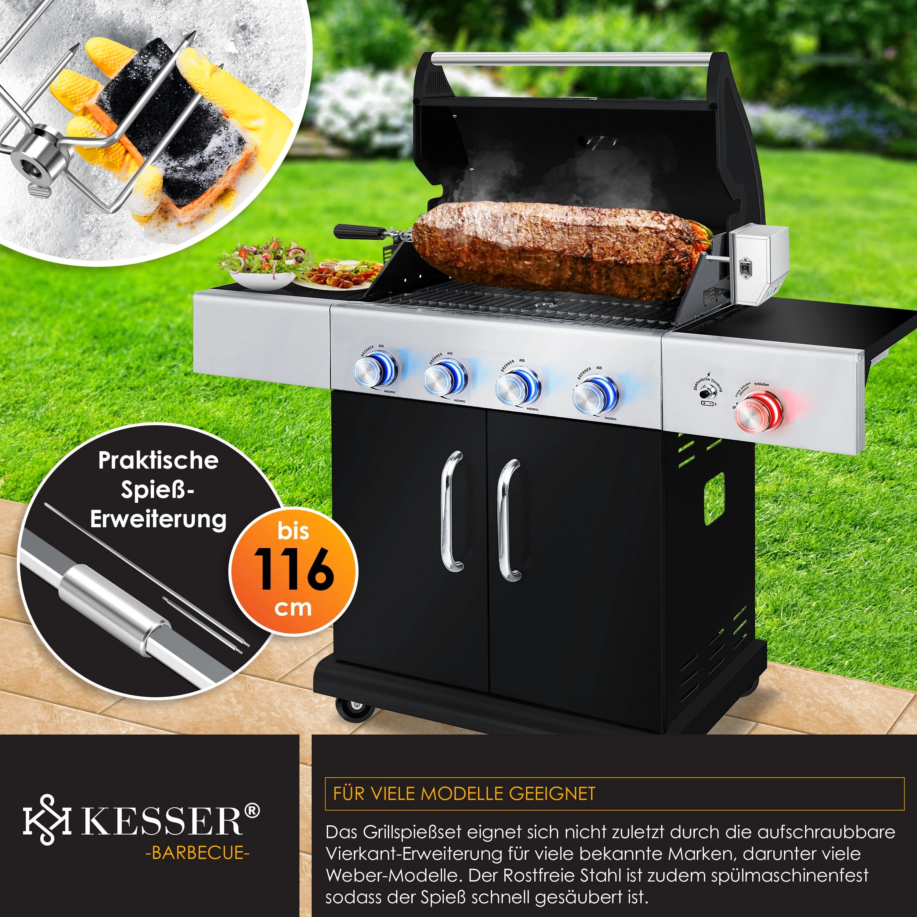 KESSER Grillspieß, Edelstahl Spieß Set 107cm passend für Weber Spirit Gasgrill