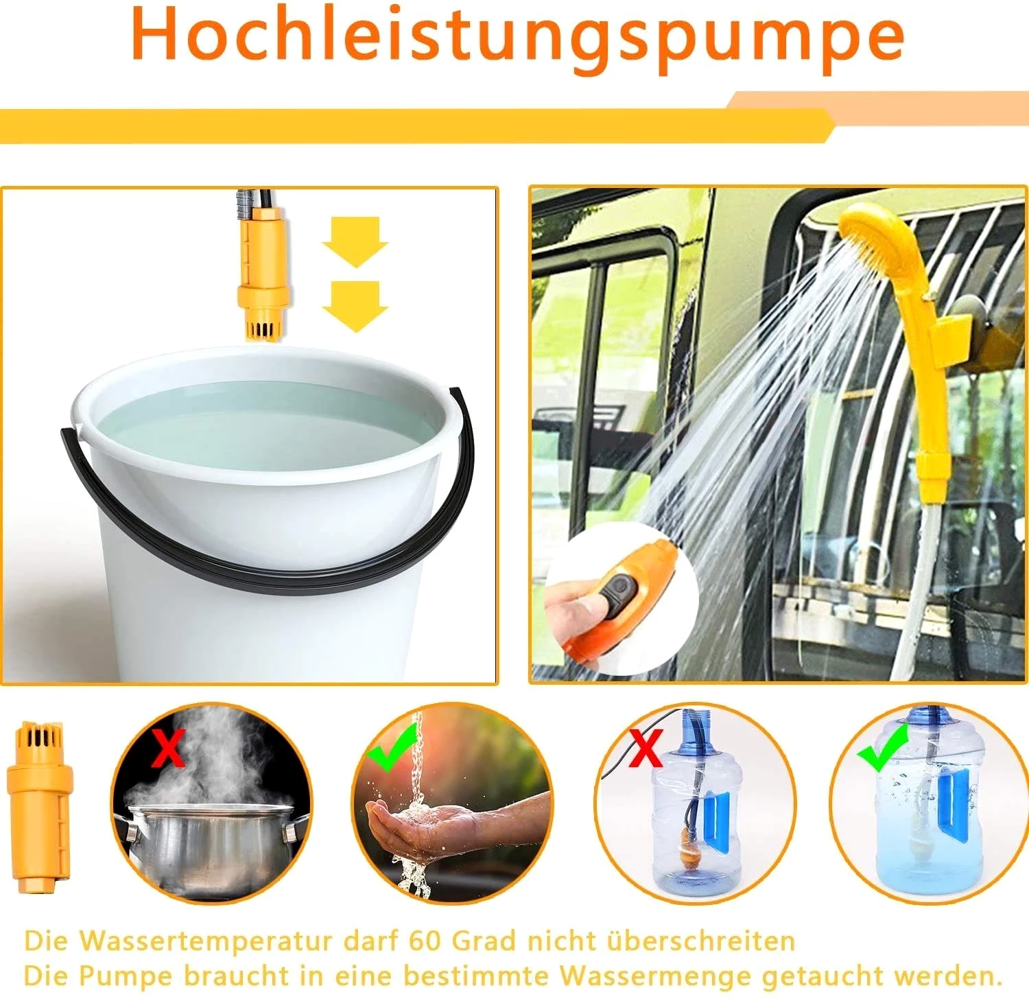 AUFUN Gartendusche Campingdusche 12 V tragbare Dusche mit Tauchpumpe , Gelb