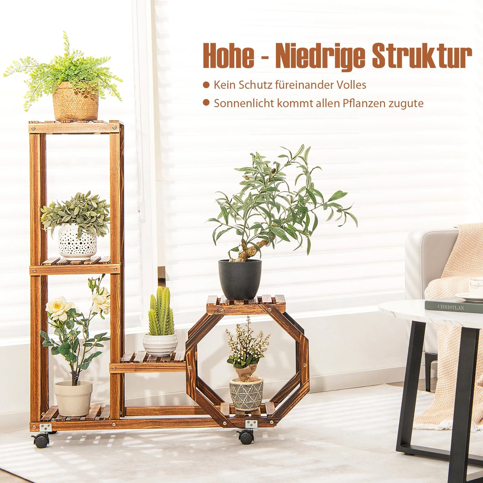 COSTWAY Blumenständer, Holzregal auf Rollen, mehrstöckig, 87,5x29x102,5cm