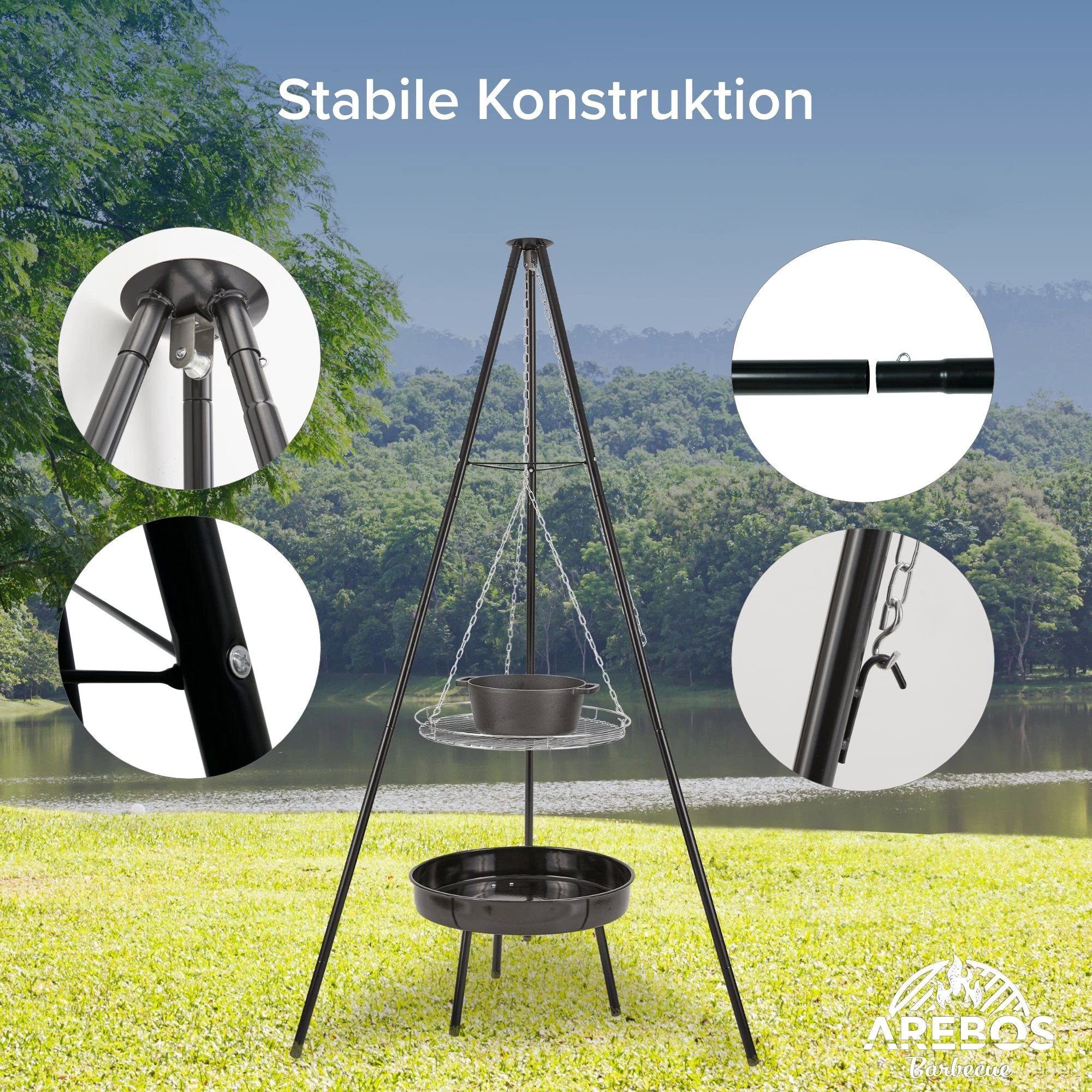 Arebos Holzkohlegrill BBQ Schwenkgrill mit Grillrost und Feuerschale Holzkohlegrill Dreibein, Set